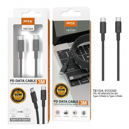 TypeC to TypeC Fast Charging PD Cable, 60W, 3M, OD 4.0, TPE