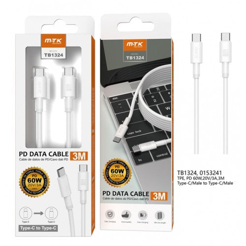 TypeC to TypeC Fast Charging PD Cable, 60W, 3M, OD 4.0, TPE