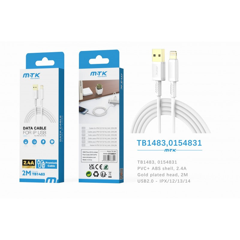 Gold Plated USB to Lightning Data Cable, 2M, 3.4A, White