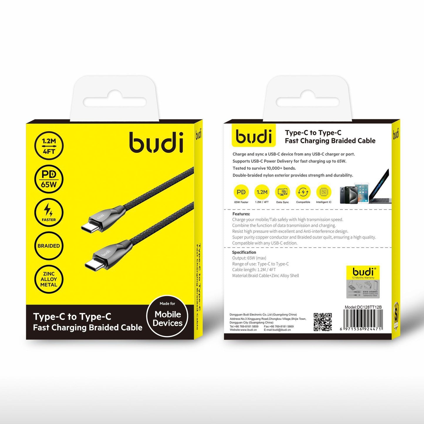budi Type-C to Type-C Fast Charging Braided Cable (1.2M)
