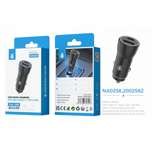 PD & USB Car Charger without Cable, ABS, QC3.0+PD, 3.4A & 20W, Black