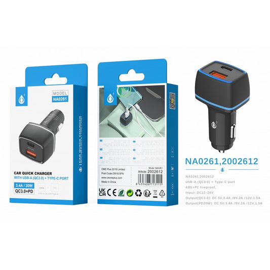 PD & USB Car Charger Dufty without Cable, ABS, QC3.0+PD, 3.4A & 20W, Black