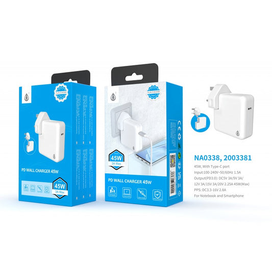 45W USB-C PD Charger for Mac and Laptops, Input:100-240V 60Hz/50Hz, Output:PD3.0 5V-20V, 2.25A, White