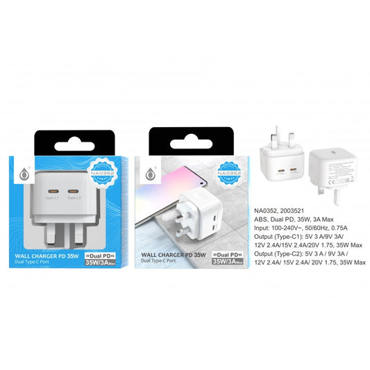 35W Dual TypeC PD Wall Charger without Cable, White