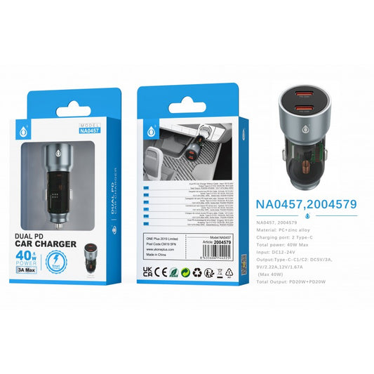 Dual Type C PD20W + PD20W Car Charger, Total 40W, without cable, PC+Aluminium Alloy, Gun Metal
