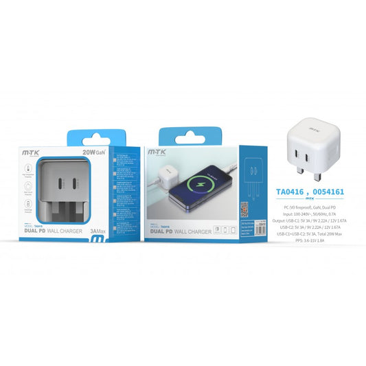 20W Dual TypeC PD Wall Charger without Cable, White