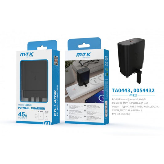 45W PD Wall Charger with Folding Pin, without cable, 5V 3A, Black