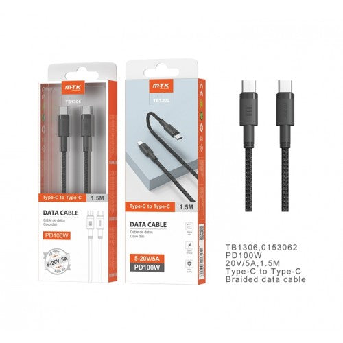 PD 100W Type C to TYPE-C Braided Data Cable, 1.5M