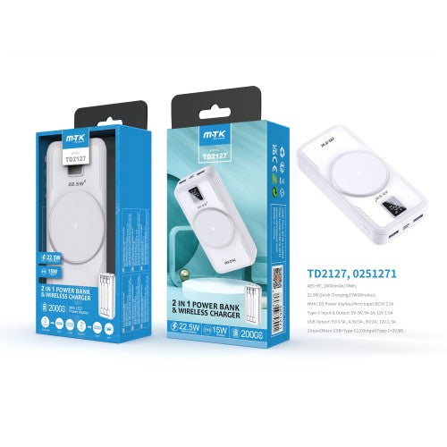 2in1 Power Bank Hazel, 20000mAh, Fast Charging 22.5W & Wireless Charging 15W, Output (Micro USB+iPhone+Type-C+USB2.0), with Digital Display