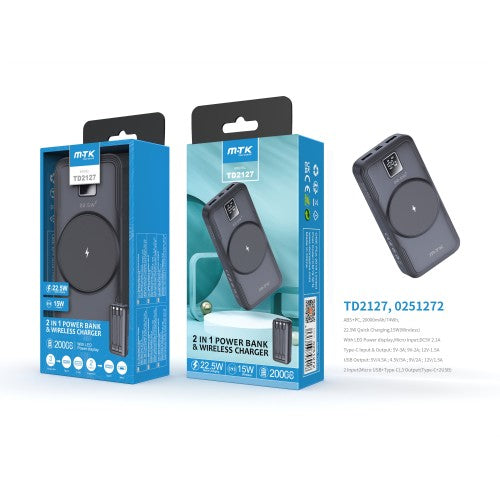 2in1 Power Bank Hazel, 20000mAh, Fast Charging 22.5W & Wireless Charging 15W, Output (Micro USB+iPhone+Type-C+USB2.0), with Digital Display