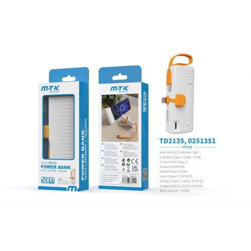 5000mAh Power Bank, 5V2A with cable and holder, White