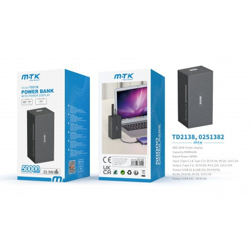 50000mAh Power Bank with PD 20W Fast Charging, Digital Display, White