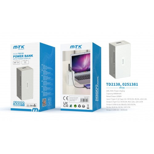 50000mAh Power Bank with PD 20W Fast Charging, Digital Display, White