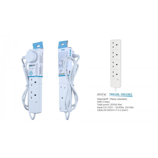 UK 4 Way Power Strip, 2M Total, 16A, Copper Wire, White