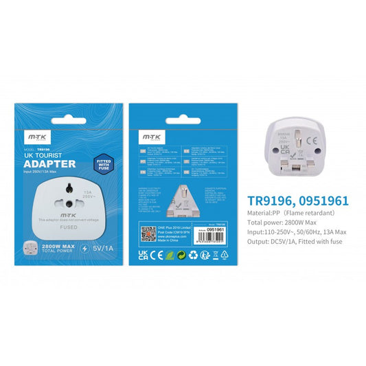 UK Travel Adapter, World to UK, 13A, with Fuse, White